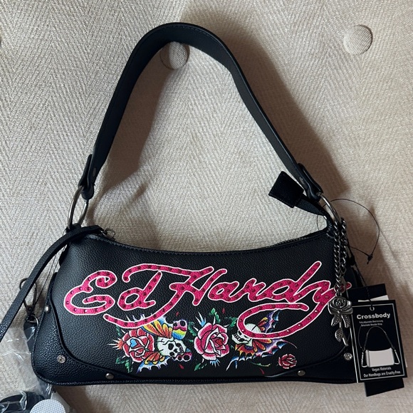 Ed Hardy Y2K Black Crossbody Bag Pink Logo Embroidered Skull Floral - Picture 3 of 9